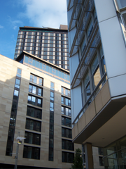 St Pauls Tower, a new, mixed use development which forms part of the St Pauls Place development. In the top left corner is the Main St Paul's tower itself. Below it is the Tower 2, connected to the main tower but half the height. To the right is another office building in the same development. All have been completed within the last 5 years and represent some of the newest architecture in the city.