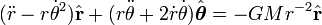  (\ddot r - r\dot\theta^2) \hat{\mathbf{r}} + (r\ddot\theta + 2\dot r \dot\theta) \hat{\boldsymbol\theta}= -GMr^{-2}\hat{\mathbf{r}}