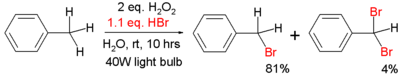 bromination of toluene with hydrobromic acid and hydrogen peroxide in water