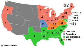 Map of the U.S. showing Lincoln winning the North-east and West, Breckinridge winning the South, Douglas winning Missouri, and Bell winning Virginia, West Virginia, and Kentucky.