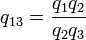 
q_{13} = \frac{q_1 q_2} {q_2 q_3}
