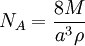  N_A  =  \frac{8M}{a^3\rho} \,