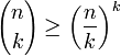  {n \choose k}  \ge \left(\frac{n}{k}\right)^k