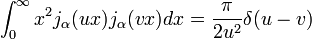 \int_0^\infty x^2 j_\alpha(ux) j_\alpha(vx) dx = \frac{\pi}{2u^2} \delta(u - v)