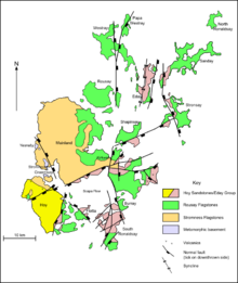 A map of the geology of Orkney. Hoy to the south west is predominantly formed from Hoy/Eday Sandstones. The Mainland at centre is largely Stromness flagstones with Rousay flagstones to the east. The North and South Isles are a mixture of Eday and Rousay sandstones.