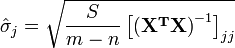 \hat\sigma_j=\sqrt{ \frac{S}{m-n}\left[\mathbf{(X^TX)}^{-1}\right]_{jj}}