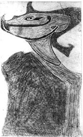 Black-and-white photograph of a stylised sketch depicting a tribal funerary mask.