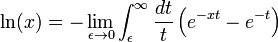  \ln(x) = -\lim_{\epsilon \to 0} \int_\epsilon^\infty \frac{dt}{t}\left( e^{-xt} - e^{-t} \right)