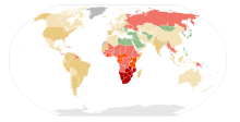  A map of the world where most of the land is colored green or yellow except for sub Saharan Africa which is colored red