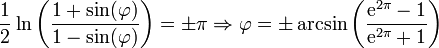 \frac{1}{2} \ln\bigg(\frac{1+\sin(\varphi)}{1-\sin(\varphi)}\bigg) = \pm\pi \Rightarrow \varphi = \pm\arcsin\bigg(\frac{\mathrm{e}^{2 \pi}-1}{\mathrm{e}^{2 \pi}+1}\bigg)