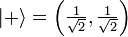 |+\rangle = \left( \tfrac{1}{\sqrt{2}}, \tfrac{1}{\sqrt{2}} \right)