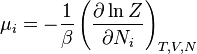 \mu_i = -{1\over \beta} \left( \frac{\partial \ln Z}{\partial N_i} \right)_{T,V,N}