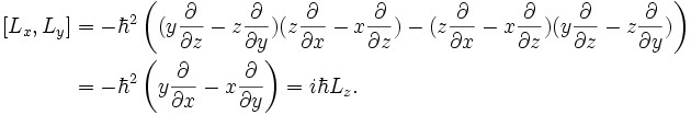 \begin{align}
\left[L_x,L_y\right] & = -\hbar^2 \left( (y {\partial \over \partial z} - z {\partial\over \partial y})(z {\partial\over \partial x} - x {\partial\over \partial z}) - (z {\partial\over \partial x} - x {\partial\over \partial z})(y {\partial \over \partial z} - z {\partial\over \partial y})\right) \\
      & = -\hbar^2 \left( y {\partial\over \partial x} - x {\partial\over \partial y}\right) = i \hbar L_z. \\
\end{align}