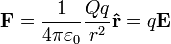 
\mathbf{F} = \frac{1}{4 \pi \varepsilon_0}\frac{Qq}{r^2}\mathbf{\hat{r}} = q\mathbf{E}
