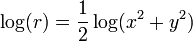 \,\log(r) = \frac12\log(x^2 + y^2)