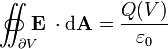 \int\!\!\!\!\!\!\!\!\;\!\;\!\subset\;\!\;\!\!\;\!\!\!\!\!\!\!\int_{\partial V}\!\!\!\!\!\!\!\!\!\!\!\!\!\!\!\;\;\;\;\!\!\supset \mathbf E\;\cdot\mathrm{d}\mathbf A = \frac{Q(V)}{\varepsilon_0}