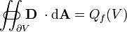 \iint_{\partial V}\!\!\!\!\!\!\!\!\!\!\!\!\!\!\!\!\!\!\!\;\;\;\subset\!\supset \mathbf D\;\cdot\mathrm{d}\mathbf A = Q_{f}(V)