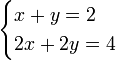 \begin{cases}x + y = 2 \\ 2x + 2y = 4\end{cases}