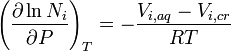  \left(\frac{\partial \ln N_i}{\partial P} \right)_T = -\frac{V_{i,aq}-V_{i,cr}} {RT} 