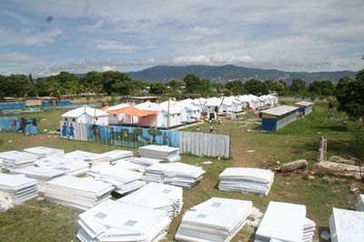 Aerial view of temporary shelters, Santo